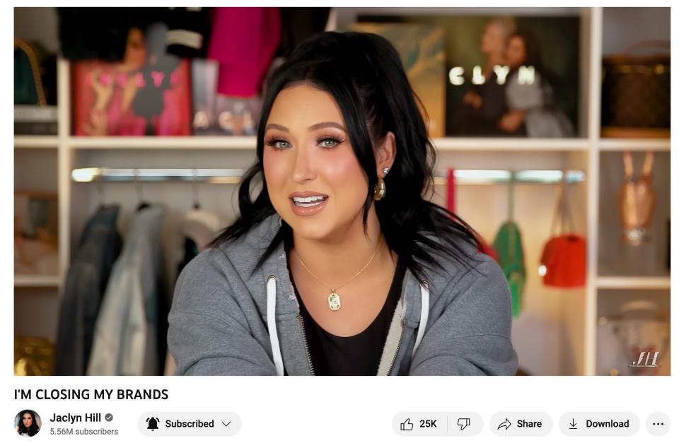 Jaclyn Hill announces the closure of two brands in an August 2023 YouTube video.