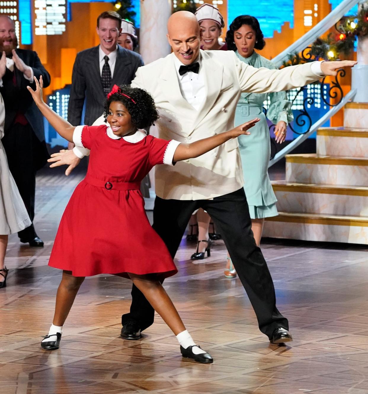 ANNIE LIVE! -- Pictured: (l-r) Celina Smith as Annie, Harry Connick, Jr. as Daddy Warbucks, Nicole Scherzinger as Grace Farrell -- (Photo by: Virginia Sherwood/NBC)