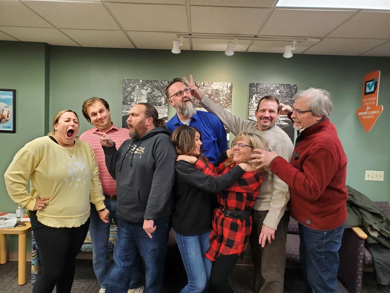 The cast of "Marriage Can Be Murder" consists of, from left, mother of the groom Melanie Masar, groom Rob VanLaecken, father of the bride Paul Larson, ringbearer Todd Mack, bride Michelle Spies, maid of honor Linda McElhany, wedding planner Dan Flaherty and priest Brad Johnson.