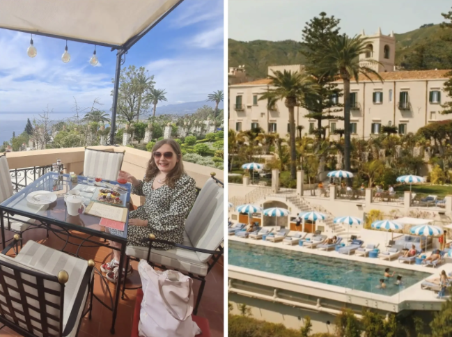 Mikhaila Friel (links) im San Domenico Palace, einem Vier-Jahreszeiten-Hotel, in Taormina, Sizilien, und demselben Hotel, das in "The White Lotus" (rechts) vorkommt. - Copyright: Mikhaila Friel/Insider, HBO