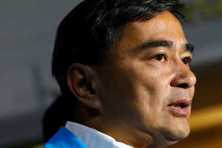 Democrat Party leader and former Thailand's Prime Minister Abhisit Vejjajiva speaks during a news conference during the general election in Bangkok, Thailand, March 24, 2019. REUTERS/Krit Promsakla Na Sakolnakorn NO RESALES. NO ARCHIVES