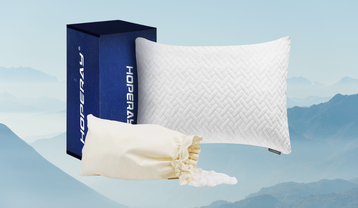 A white pillow with a bag of foam and a blue box reading 