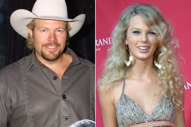<p>Sylvain Gaboury/FilmMagic; Jeff Kravitz/FilmMagic</p> Toby Keith and a young Taylor Swift pictured.