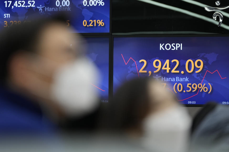 Currency traders watch their computer monitors near the screen showing the Korea Composite Stock Price Index (KOSPI) at a foreign exchange dealing room in Seoul, South Korea, Friday, Nov. 12, 2021. Shares were mostly higher in Asia on Friday after Wall Street benchmarks managed to close mostly higher. (AP Photo/Lee Jin-man)