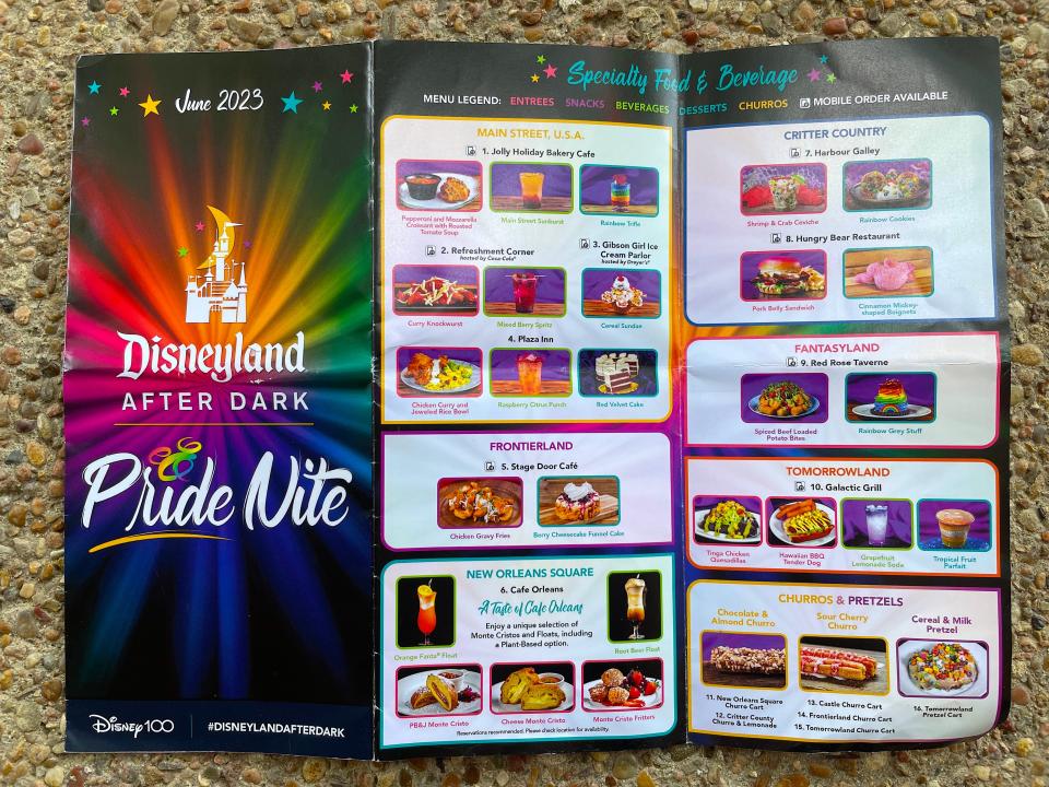 menu with all of the pride nite treats at disney world