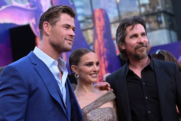 Christian with co-stars Chris Hemsworth and Natalie Portman (Photo: Charley Gallay via Getty Images)