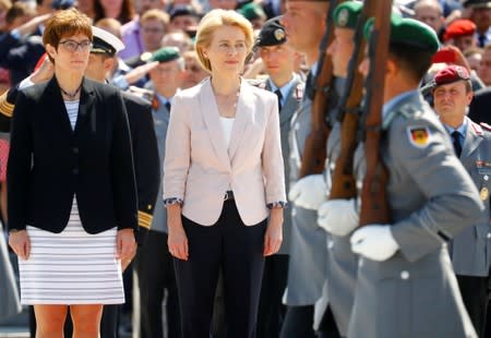 New German defense minister Annegret Kramp-Karrenbauer is welcomed at the Defense Ministry in Berlin