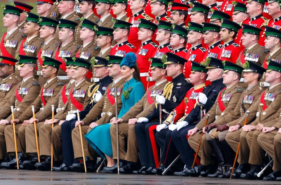 This year, the princess’ role of handing out shamrock sprigs to the guards was filled by Lady Ghika, the wife of the Regimental Lieutenant Colonel, Major General Sir Christopher Ghika. Max Mumby/Indigo/Getty Images