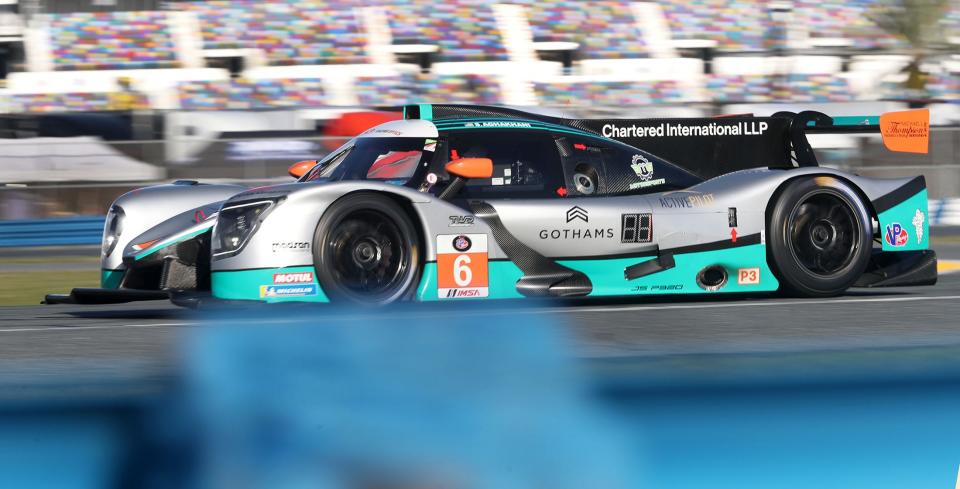 Driver Steven Aghakhani, in the No. 6 Ligier JS P320, works through the infield, Saturday, Jan. 20, 2024, during qualifying at the Roar Before the 24 in Daytona International Speedway.