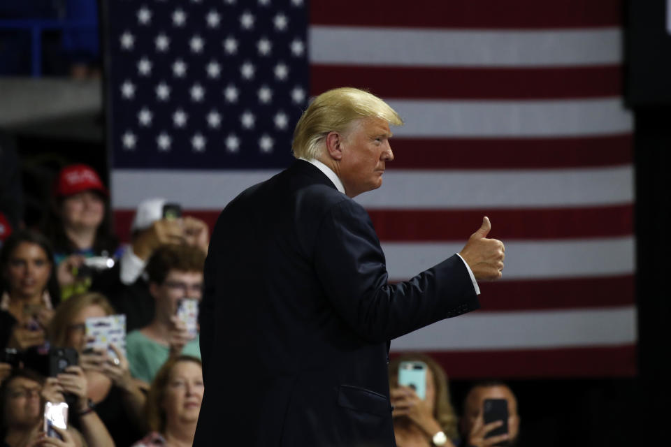 President Trump acknowledges the crowd at a rally in Charleston, W.Va., on Tuesday. (Photo: Leah Millis/Reuters)