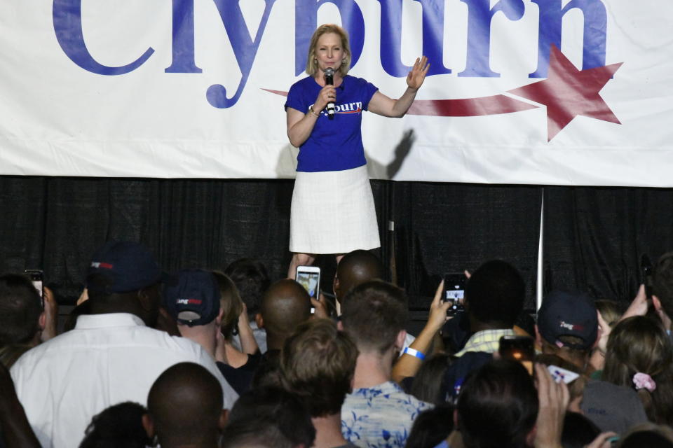 New York Sen. Kirsten Gillibrand addresses the crowd at House Majority Whip Jim Cyburn's "World Famous Fish Fry" on Friday, June 21, 2019, in Columbia, S.C. Nearly all the candidates for the Democratic presidential nomination appeared at the event. (AP Photo/Meg Kinnard)