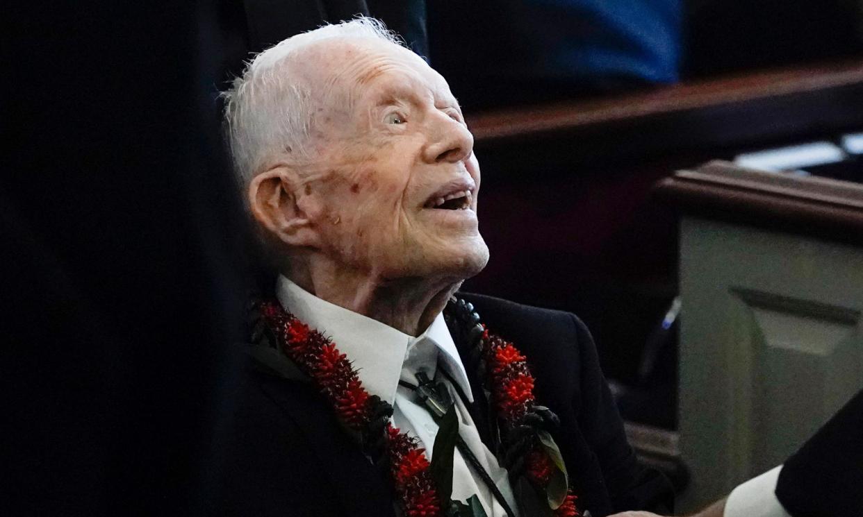 <span>Jimmy Carter at the funeral service for his wife, Rosalynn Carter, in Plains, Georgia, on 29 November 2023.</span><span>Photograph: Alex Brandon/AP</span>