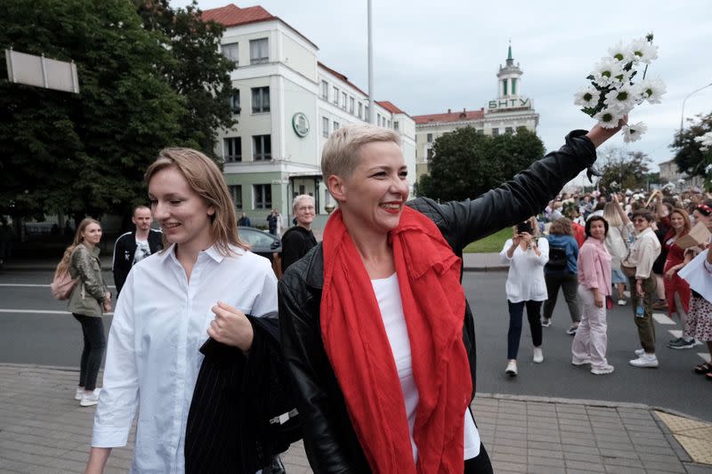 Belarusian opposition politician Kolesnikova waves during a demonstration in Minsk