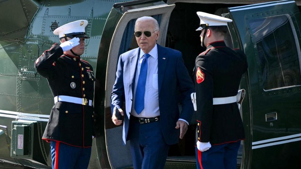 PHOTO: President Joe Biden steps off Marine One upon arrival at Soldier Field Landing Zone in Chicago, on May 8, 2024.  (Mandel Ngan/AFP via Getty Images)