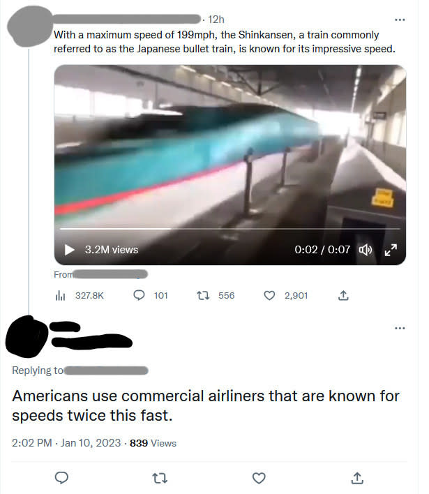 Person who is not impressed with Japan's bullet trains because airplanes can go twice as fast