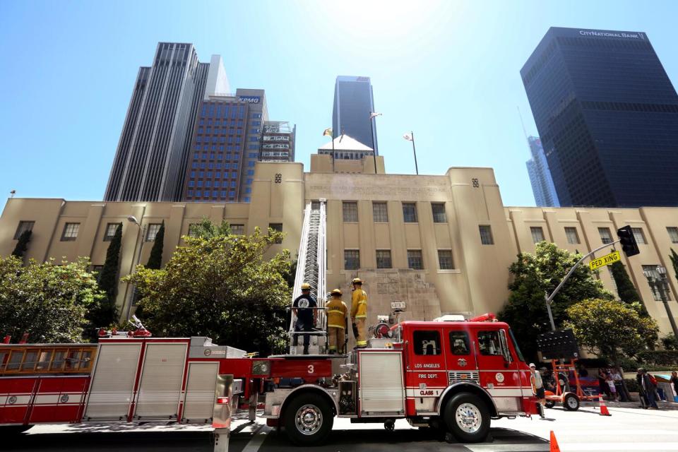 Los Angeles firefighters answer a fire alarm at the Richard Riordan Central Library on a Sunday afternoon in Los Angeles.