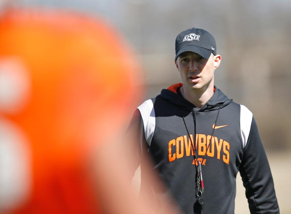 Oklahoma State defensive coordinator Bryan Nardo coaches during an Oklahoma State Cowboys Spring football practice at the at the Sherman Smith Training Center in Stillwater, Okla., Monday, March, 27, 2023. 