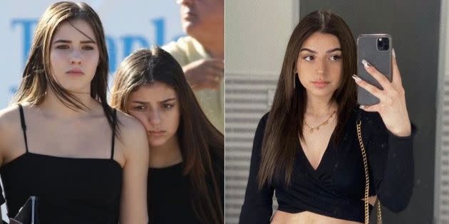 Gabrielle Ben-Zaken and a classmate attending the funeral for geography teacher Scott Beigel in February 2018. To the right, Ben-Zaken today. 