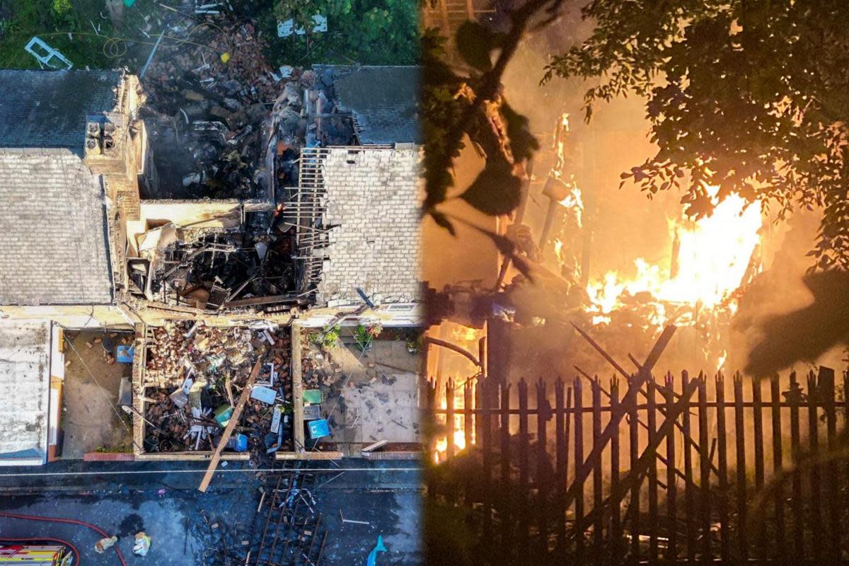 The aftermath of the blast (left) and flames pouring from the building (right) <i>(Image: TERRY BLACKBURN / DAVID)</i>