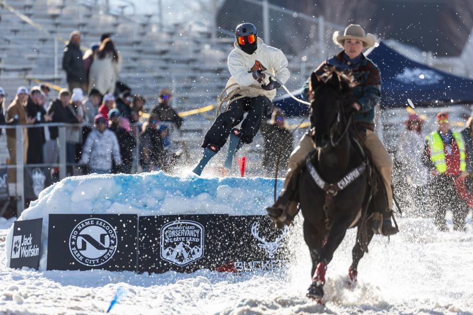 Karl Verhaaren is pulled by Marquise Young during the 2024 Utah Skijoring competition at the Wasatch County Event Complex in Heber City on Saturday, Feb. 17, 2024. | Marielle Scott, Deseret News