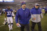 File-Ths Dec. 29, 2019, file photo shows New York Giants head coach Pat Shurmur leaving the field after an NFL football game against the Philadelphia Eagles, Sunday in East Rutherford, N.J. The Giants fired Shurmur on Monday, Dec. 30, 2019, just two years into a five-year contract, the Daily News has confirmed. (AP Photo/Seth Wenig, File)