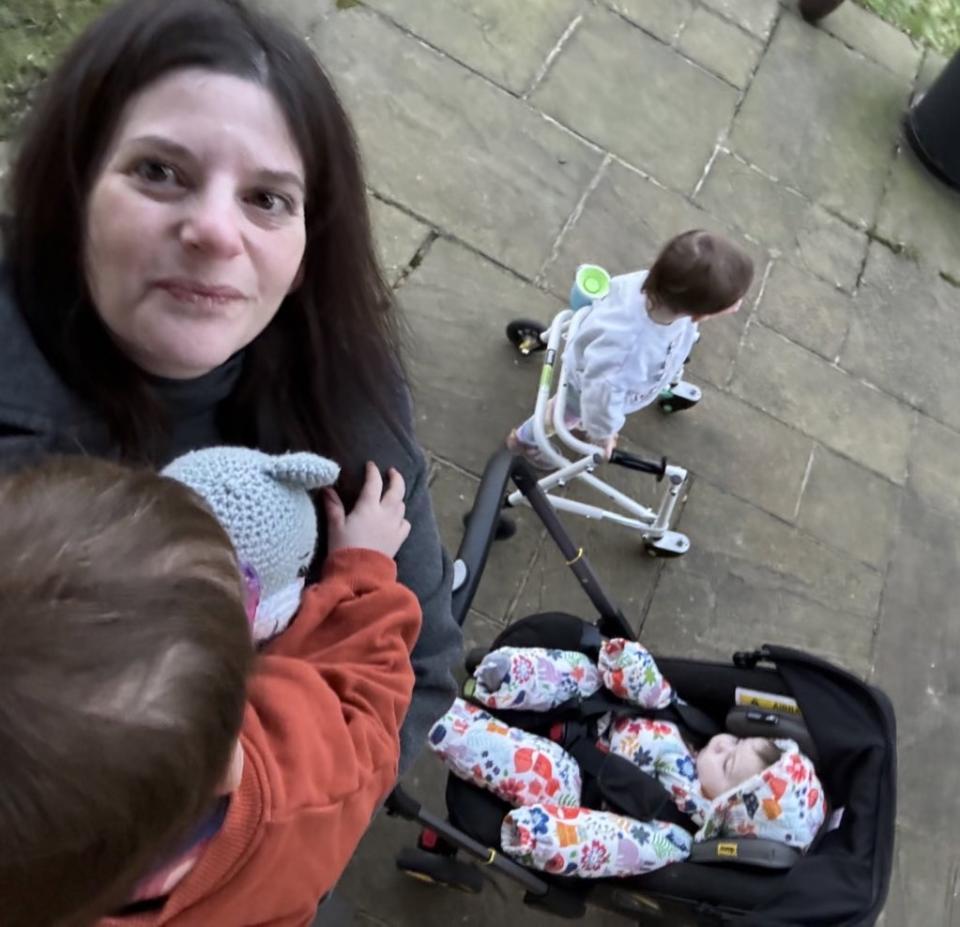 Sarah Johnson with her kids, Astrid received a walker to help with her mobility issues (Credit: Sarah Johnson)