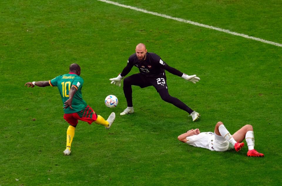 Cameroon's Vincent Aboubakar scores their side's second goal of the game during the FIFA World Cup Group G match at the Al Janoub Stadium in Al Wakrah, Qatar. Picture date: Monday November 28, 2022. (Photo by Nick Potts/PA Images via Getty Images)