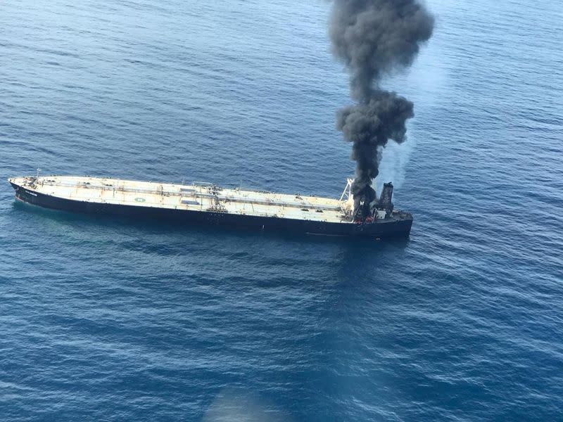 The New Diamond, a very large crude carrier (VLCC) chartered by Indian Oil Corp (IOC), that was carrying the equivalent of about 2 million barrels of oil, is seen after a fire broke out off east coast of Sri Lanka