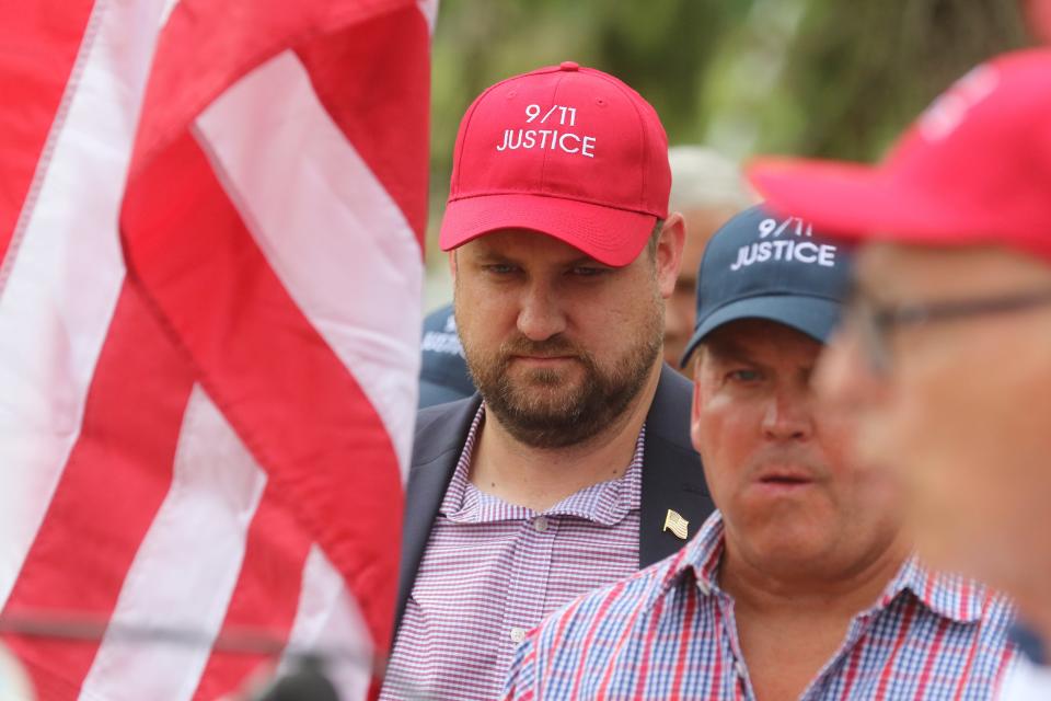 Brett Eagleson, President of 9/11 Justice.org after he addressed the media with members and supporters of 9/11 Justice as they held a gathering outside the Clarence Dillon Library in Bedminster to address the media concerning their opposition to Saudi support for the LIV Golf Tournament being held at Trump National in Bedminster, NJ on July 29, 2022.