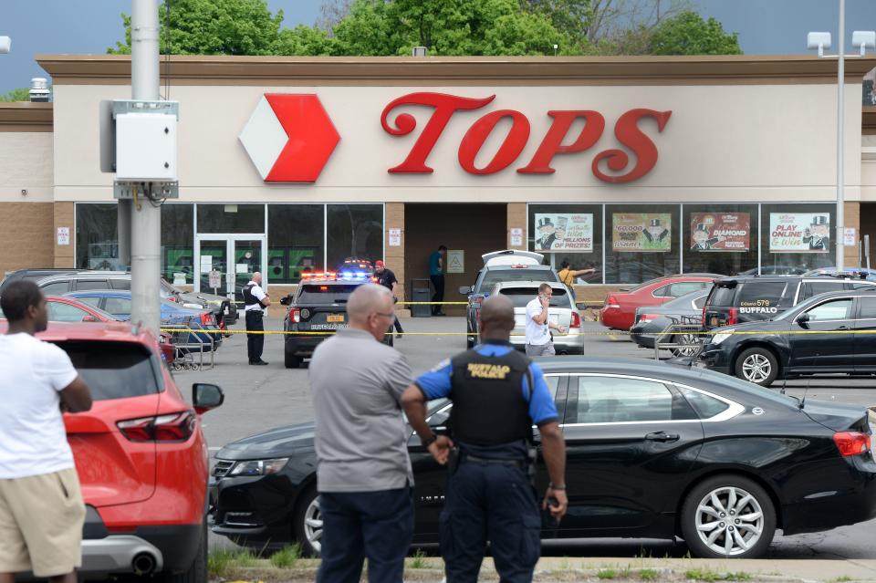 BUFFALO, NY - MAY 14: Buffalo Police on scene at a Tops Friendly Market on May 14, 2022 in Buffalo, New York. According to reports, at least 10 people were killed after a mass shooting at the store with the shooter in police custody. (Photo by John Normile/Getty Images)