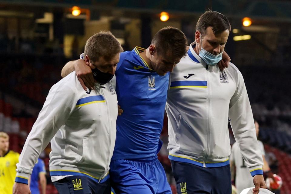 Ukraine’s Artem Besedin suffered a knee injury against Sweden at Hampden Park (POOL/AFP via Getty Images)