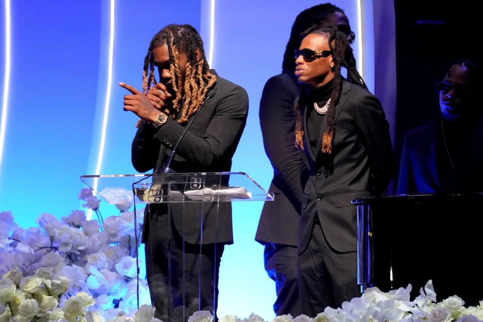 ATLANTA, GEORGIA - NOVEMBER 11: *EXCLUSIVE COVERAGE* Offset speaks onstage during Takeoff's Celebration of Life at State Farm Arena on November 11, 2022 in Atlanta, Georgia. (Photo by Kevin Mazur/Getty Images for TVG)
