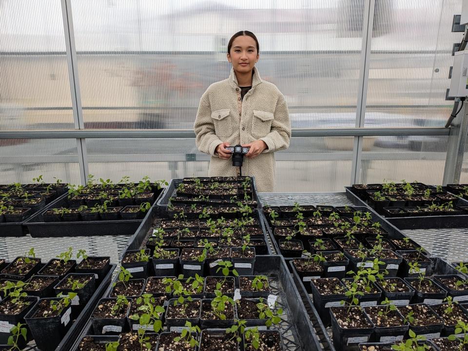 girl in white jacket holding camera standing at the end of a table full of plant seedlings