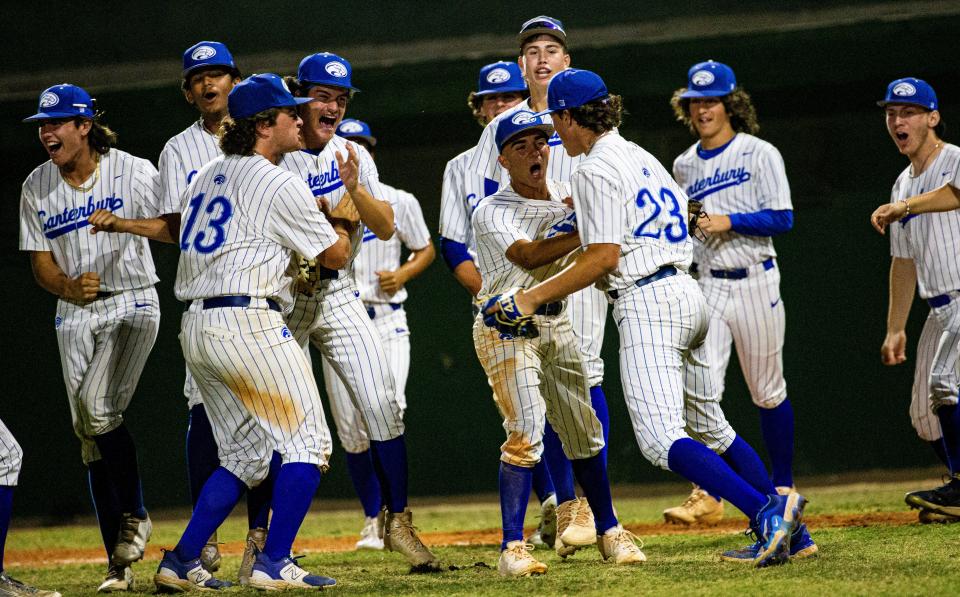 The Canterbury baseball team celebrates a win over St. John Neumann in the Private 8 Championship at Terry Park on Friday, March 10. 2023. 
