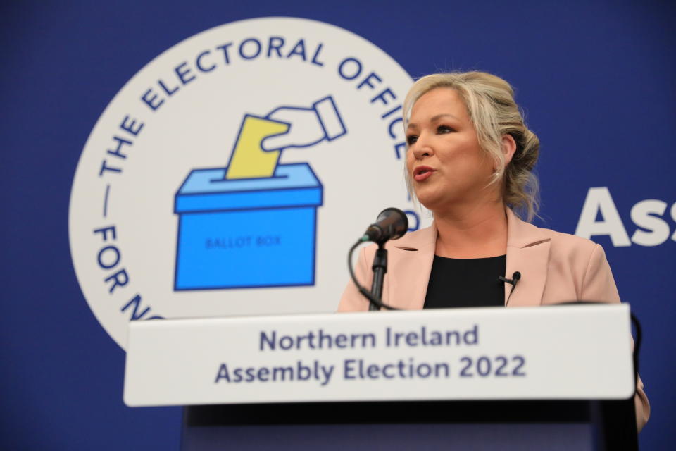 Sinn Fein's Michelle O'Neill speaks after topping the poll at the Medow Bank election count centre on Saturday, May, 7, 2022, in Magherafelt , Northern Ireland. (AP Photo/Peter Morrison)