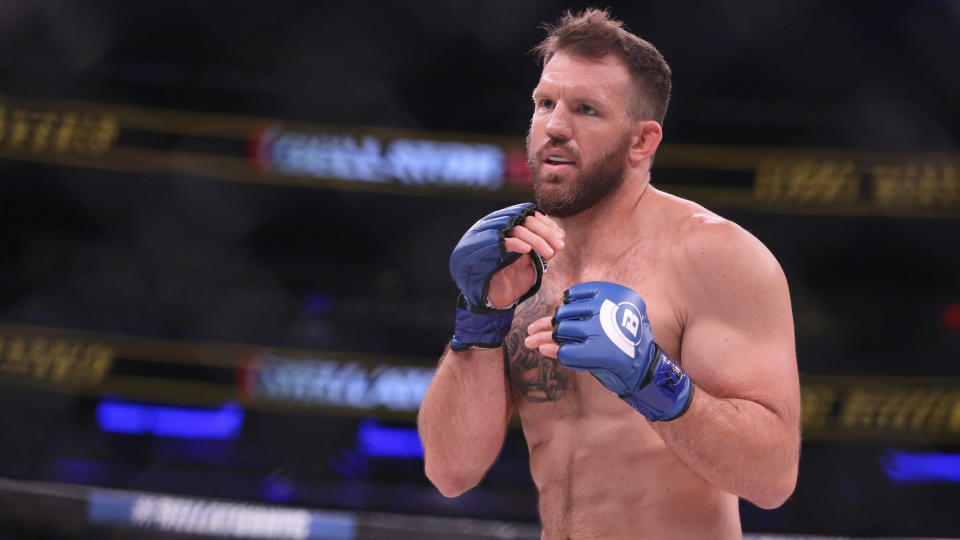 Ryan Bader in action against Phil Davis in a mixed martial arts bout for the light heavyweight title at Bellator 180 on Saturday, June 24, 2017, in New York. Bader won via decision to win the title. (AP Photo)