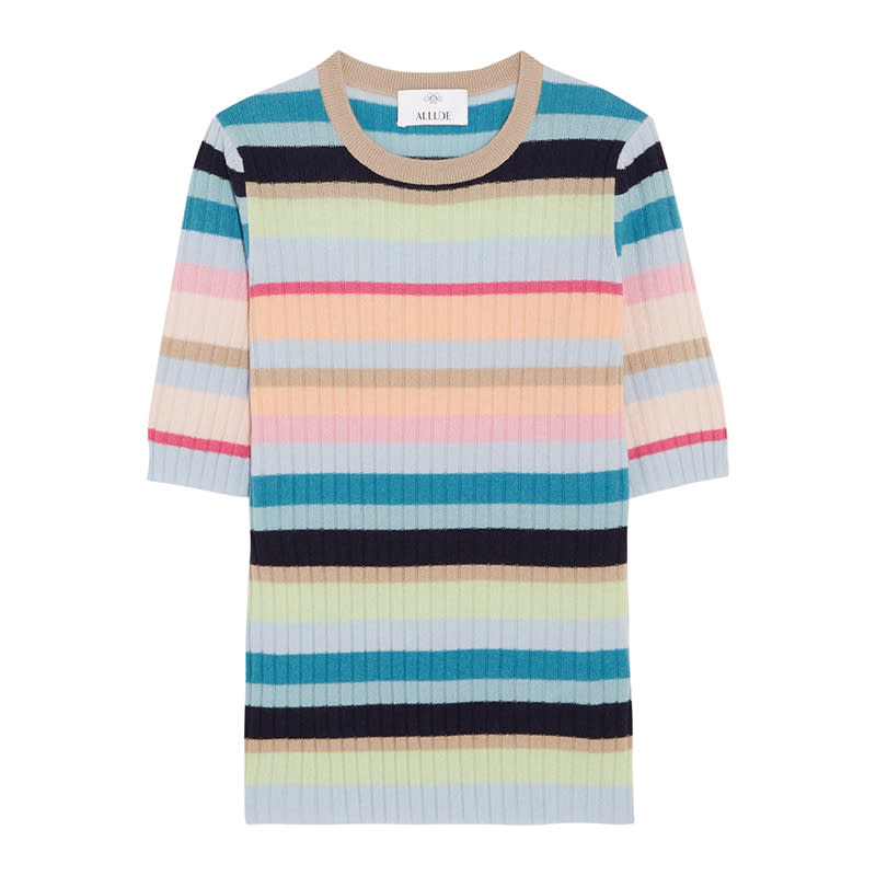 <a rel="nofollow noopener" href="http://rstyle.me/~9Nz5l" target="_blank" data-ylk="slk:Ribbed Striped Cashmere Top, Allude, $300;elm:context_link;itc:0;sec:content-canvas" class="link ">Ribbed Striped Cashmere Top, Allude, $300</a>