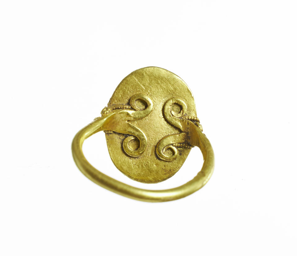 Specific details carved into the recently-discovered gold ring suggest its ties to the ruling dynasty in the Kingdom of France between the 5th century and middle of the 7th century C.E. / Credit: Signe Worre Sørensen via National Museum of Denmark
