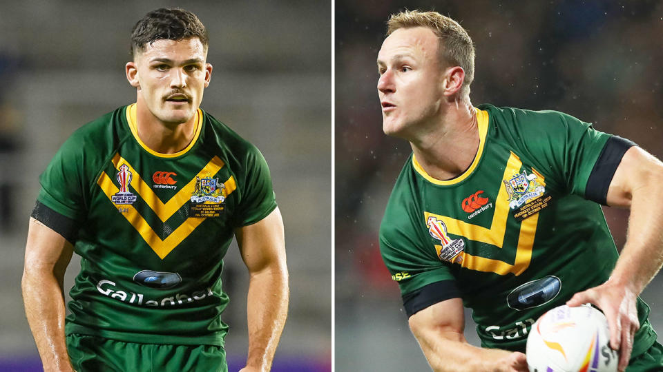 Kangaroos coach Mal Meninga says he still hasn't decided between Nathan Cleary and Daly Cherry-Evans for the Australian No.7 jersey. Pic: Getty