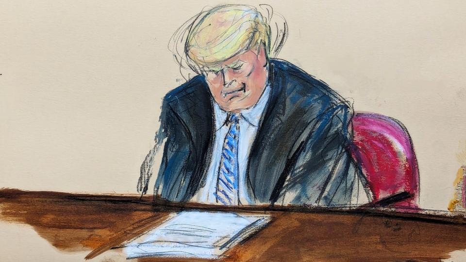 A courtroom sketch depicts Donald Trump shaking his head during Michael Cohen’s testimony in his hush money trial on 13 May. (AP)