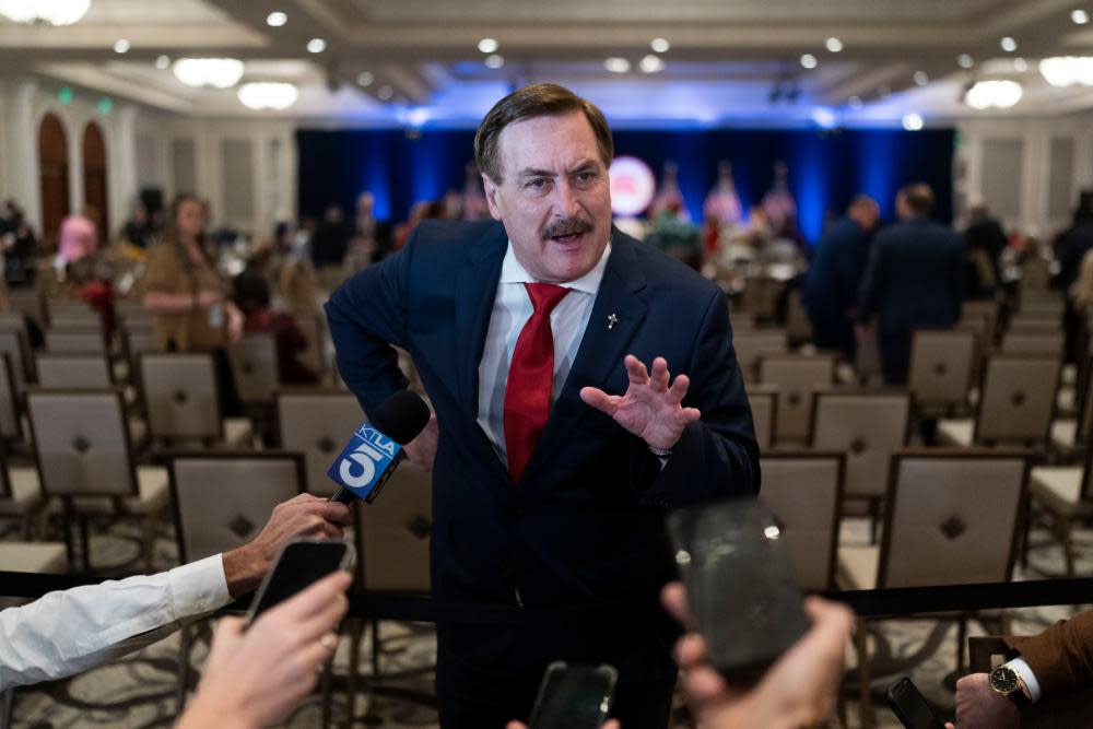 MyPillow’s chief executive, Mike Lindell, addresses reporters.