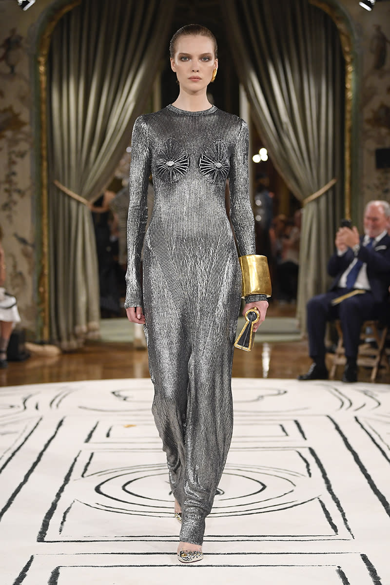 Model on the runway at Schiaparelli Ready To Wear Spring 2024 held at the Italian Embassy on September 28, 2023 in Paris, France.