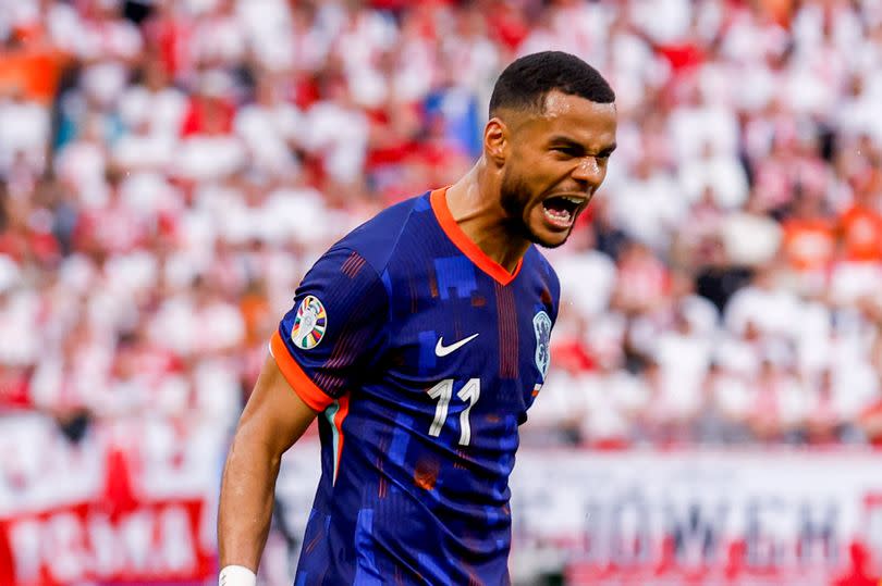 Cody Gakpo celebrates scoring for the Netherlands at Euro 2024.