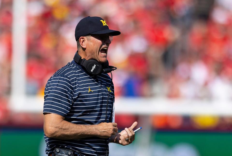 Michigan coach Jim Harbaugh celebrates after a touchdown against Nebraska during the first half of U-M's 45-7 win on Saturday, Sept. 30, 2023, in Lincoln, Nebraska.