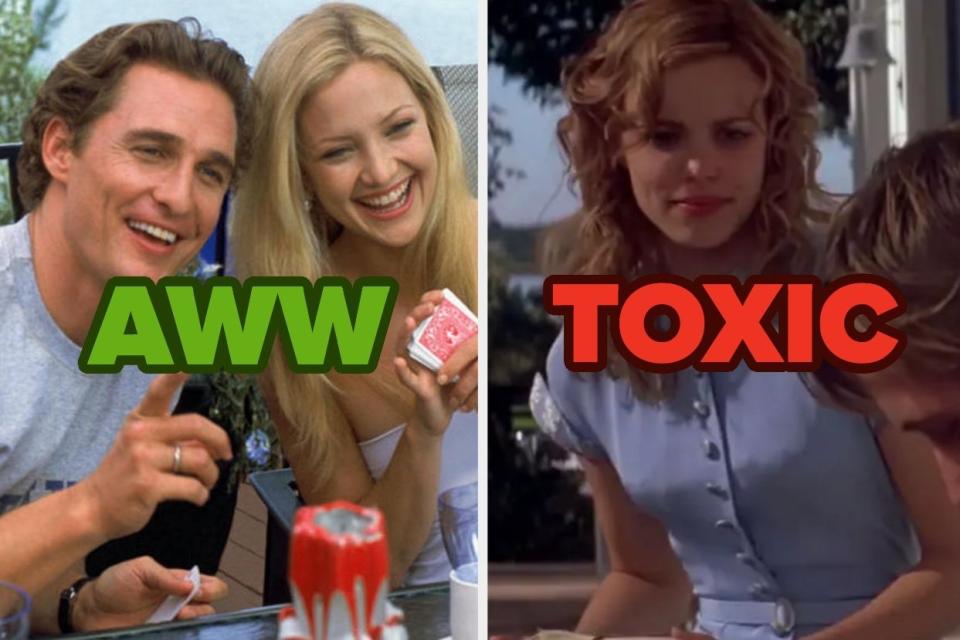 Two photos; on the left, Andie and Ben from "How to Lose a Guy in 10 Days" with the text "AWW" and on the right, Allie and Noah from "The Notebook" with the text "TOXIC"