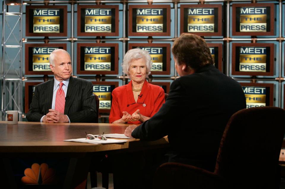 McCain and his mother, Roberta McCain, are interviewed by moderator Tim Russert during a taping for a broadcast on the "Meet the Press" website at the NBC Studios on May 13, 2007.