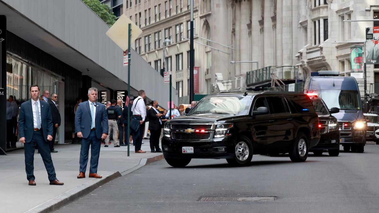 Former President Donald Trump entourage arrives at the New York Attorney General Offices on Wednesday morning. 