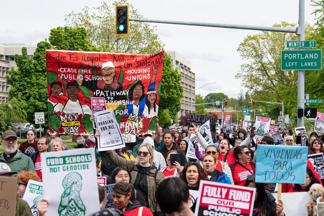 Protestors rally on International Workers' Day at the Oregon State Capitol on May 1 in Salem.