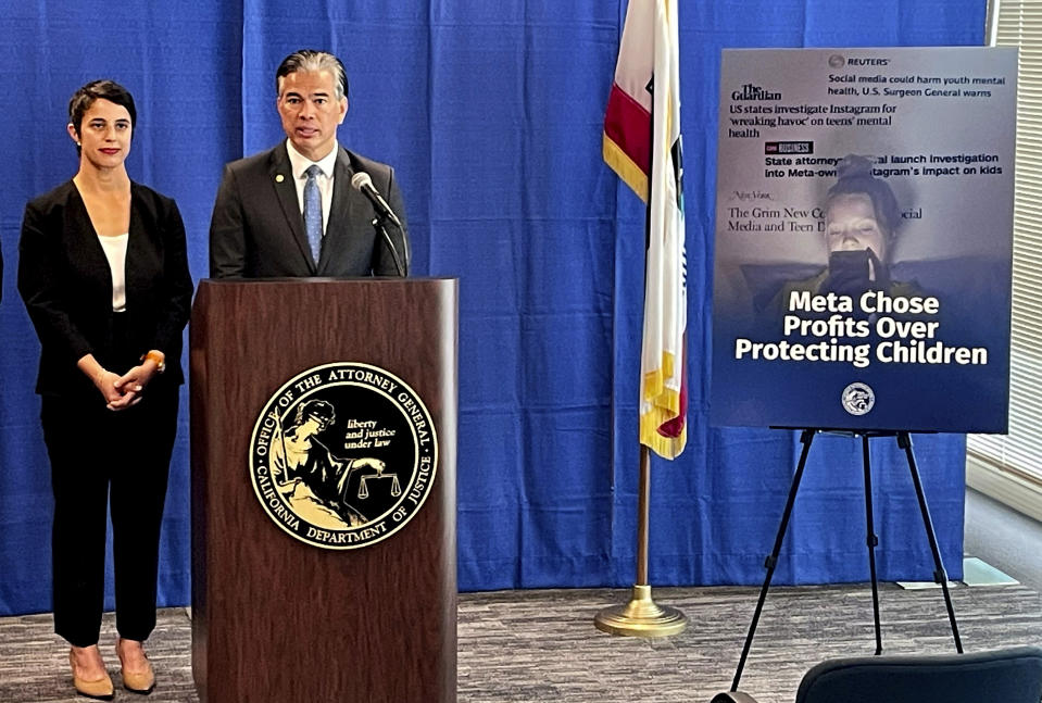 Attorney General Rob Bonta talks during a news conference in San Francisco, on Tuesday, Oct. 24, 2023. Dozens of US states, including California and New York, are suing Meta Platforms Inc. for harming young people and contributing to the youth mental health crisis by knowingly and deliberately designing features on Instagram and Facebook that addict children to its platforms. (AP Photo/Haven Daley)