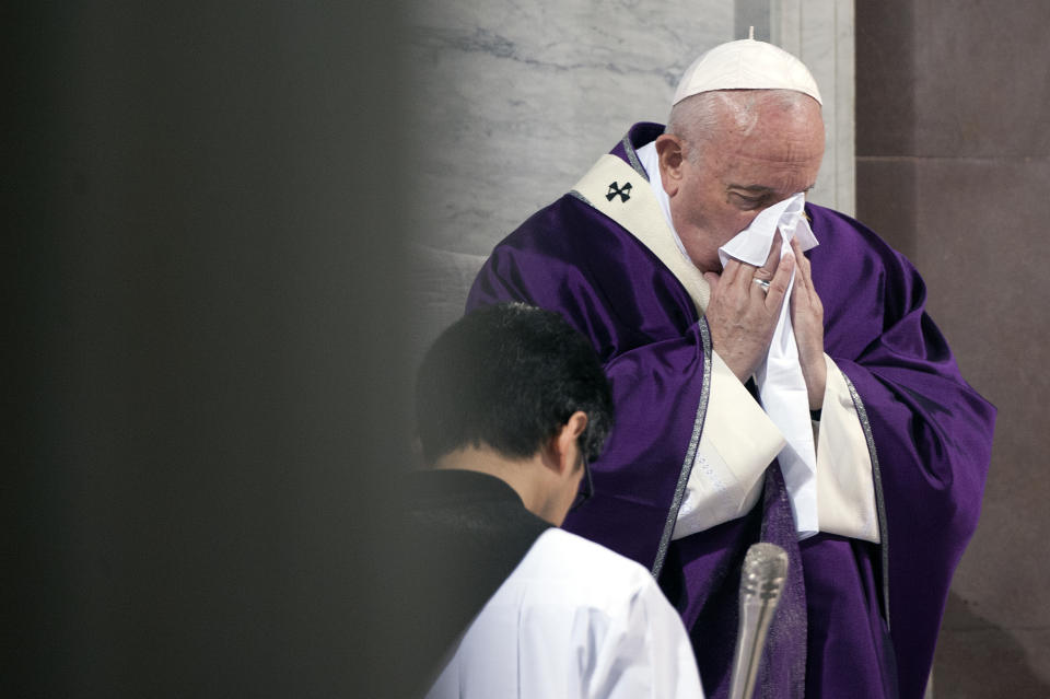 VATICAN CITY, VATICAN - FEBRUARY 26: Pope Francis leads the Ash Wednesday mass which opens Lent, the forty-day period of abstinence and deprivation for Christians before Holy Week and Easter, on February 26, 2020 in Vatican City, Vatican. (Photo by Vatican Pool - Corbis/Corbis via Getty Images)